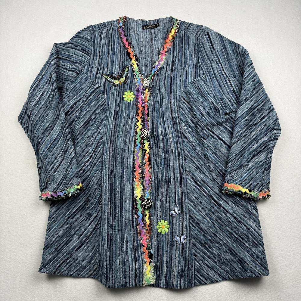 Lee Andersen Cardigan Sweater Womens 2X Blue Butterfly Boho Knit Embroidered